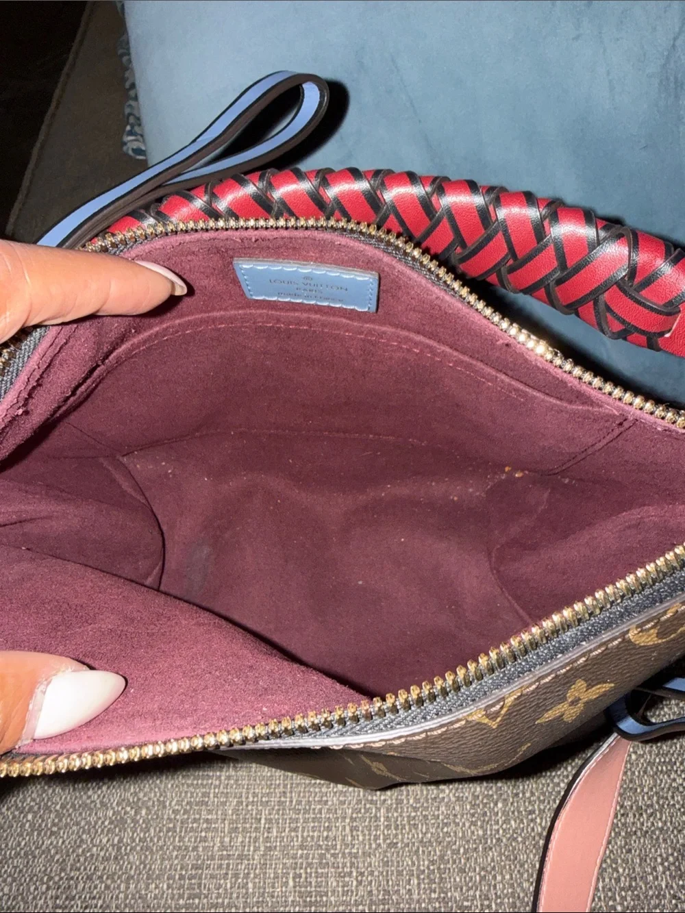 Monogram Shoulder Bag with Pink Strap and Red Braided Handle - Picture 6 of 7